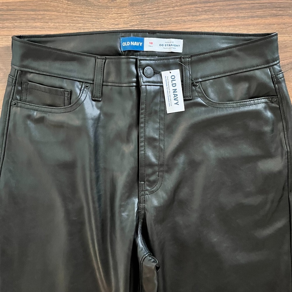 OLD NAVY High Rise OG Straight Black Faux Leather Pants Womens 10 Tall NWT - Picture 2 of 5